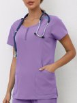 Crew Neck Simple Scrubs Top Functional Patched Pockets Health Care Uniform Women's Clothing