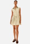 Pleated-skirt Shoulder-pad Dress - Light Beige