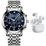 Men's Blue Dial Quartz Watch Wireless Bluetooth Earbuds Stainless Steel Set
