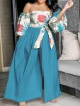 Plus Size Tropical Print Two-piece Set Off Shoulder Lace Up Top & Pants Outfits Women's Plus Sizeclothing