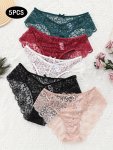 5PCS Bow Floral Lace Briefs Hot Mid Waist Stretchy Intimates Panties Women's Lingerie & Underwear