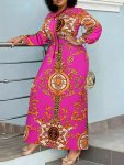 Tribal Print Tie Neck Dress Elegant Long Sleeve Maxi Dress For Spring & Fall Women's Clothing