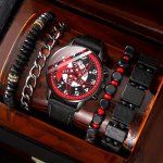 5PCS SET Men's Fashion Red Black Quartz Pu Leather Watch And Bead Bracelet Set Gift For Him