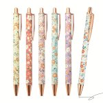 Floral Art Pens Flower Ballpoints Pens Fancy Pretty Pens For Women Retro Floral Cute Pens Metal Retractable Black Ink Pen Flower