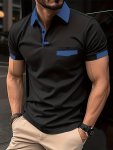 Breathable Regular Fit Contrast Binding Golf Shirt Men's Casual Short Sleeve Lapel Shirt With Chest Pocket For Summer Outdoor