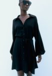 Balloon-sleeved Shirt Dress - Black