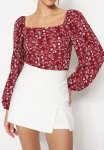 Textured Knitted Blouse - Red Floral Print