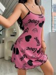 Women's Heart & Crown & Letter Print Casual Frill Trim Sleepwear Dress Round Neck Backless Slip Dress Comfortable Nightgown
