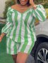 Plus Size Casual Outfits Set Women's Plus Stripe Print Off Shoulder Puff Sleeve Button Up Top & Shorts Outfits Two Piece Set