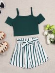 Girls 2PCS Cold Shoulder Short Top + Stripe Shorts Set Casual Holiday Summer Outfit