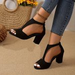 Women's Solid Color Elegant Sandals Back Zipper Hollow Chunky Heels Summer Peep Toe Holiday Shoes