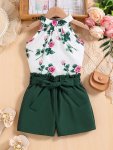 2 Pcs Boho Floral Sleeveless Blouse Top T-Shirt + Solid Shorts Girl's Set Holiday Casual Going Out Summer Clothes Gift