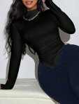 Mock Neck Ruched Asymmetrical T-Shirt Elegant Long Sleeve T-Shirt For Spring & Fall Women's Clothing