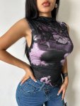 Graphic Print Mock Neck Top Sexy Asymmetrical Hem Sleeveless Slim Fit Top For Spring & Summer Women's Clothing