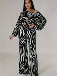 Zebra Pattern Elegant Pants Set Cut Out Long Sleeve Knot Front Crop Top & Wide Leg High Waist Pants Outfits Women's Clothing