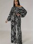 Zebra Pattern Elegant Pants Set Cut Out Long Sleeve Knot Front Crop Top & Wide Leg High Waist Pants Outfits Women's Clothing