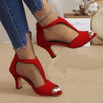 Women's Solid Color Stylish Sandals Summer T-strap High Heels Casual One-strap Non-slip Chunky Heels