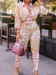 Plus Size Boho Outfits Two Piece Set Women's Plus Baroque Print Button Up Half Sleeve Turn Down Collar Blouse & Pants Outfits 2