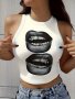 Lips Print Crop Tank Top Sleeveless Casual Top For Summer & Spring Women's Clothing