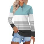 Polo Shirts For Womens V Neck Lapel Long Sleeve Tops With Collar Button Fall Loose Golf Casual Business Tunic BLOUSES1-LIGHT Blu