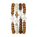 4PCS Cross Bracelet 8 Mm Wooden Beads Men Women Fantasy Bracelet Elastic