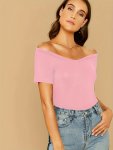 Solid Color Off Shoulder T-Shirt Elegant Slim Short Sleeve T-Shirt For Spring & Summer Women's Clothing