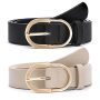 Vonmelli 2 Pack Women's Leather Belts For Jeans Fashion Gold Buckle Ladies Dress Belt For Pants Black Beige M