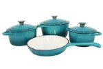 Smte Stunning 7 Piece New Design Dutch Pot Cookware Sets Cast Iron Turquoise With Keychain
