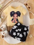 2PCS Baby's Cartoon Shy Girl Print T-Shirt + Casual Flower Pattern Shorts Toddler & Infant Girl's Clothing Set