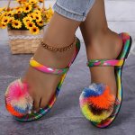 Women's Colorful Fluffy Faux Ball Sandals Lightweight Flat Slip On Holiday Slides Comfort Beach Thong Slides