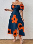 Floral Print Square Neck Dress Elegant Split Slim Tie Front Dress For Spring & Summer Women's Clothing