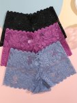 3PCS Floral Lace Boyshorts Elegant Comfy Breathable Low Waist Panties Women's Lingerie & Underwear
