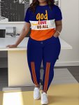 Plus Size God Loves Us Print Two-piece Set Crew Neck Short Sleeve Top & Pants Outfits Women's Plus Sizeclothing