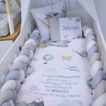 Cot Bumper Braided 3 Strand Light Blue Grey And White Flying In Mountains With Grey Dinos Set