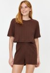 Corded Cotton Tshirt-shorts Knitted Pajama Set - Brown