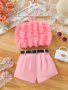 Sweet & Cute Girls Solid Shorts + Mesh Ruffle Halter Top + Belt Three-piece Party Vacation Set