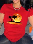 Beach Sunset Print Crew Neck T-Shirt Casual Short Sleeve Top For Spring & Summer Women's Clothing