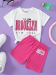 Girls 2PCS Brooklyn Print Short Sleeve Top + Letter Shorts Set Casual Sporty 2-PIECE Summer Outfit For Girls
