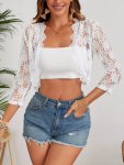 Floral Lace Scallop Trim Cardigan Elegant 3 4 Sleeve Open Front Outwear Women's Clothing