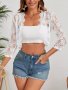 Floral Lace Scallop Trim Cardigan Elegant 3/4 Sleeve Open Front Outwear Women's Clothing