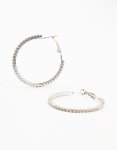 Silver Large Skinny Diamante Hoop Earrings