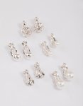 Silver Pearl & Diamante Ball Clip On Earrings 5-PACK