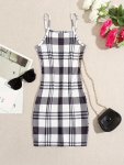 Girls Classic Plaid Cami Dress MINI Length Stretch Comfy Camisole Bodycon Dress