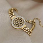 Flower Of Life Titanium Steel Bracelets For Women Golden Inlaid Rhinestones Big Round Wrist Waterproof Jewelry Halloween Christm
