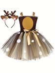 Girls Stylish & Cute Deer Dress Up Polka Dots Pattern Bowknot Decor Mesh Tutu Dress & Deer Horn Headband For Zoo Animal Themed P