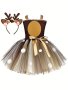 Girls Stylish & Cute Deer Dress Up Polka Dots Pattern Bowknot Decor Mesh Tutu Dress & Deer Horn Headband For Zoo Animal Themed Party