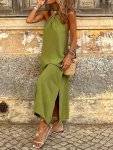 Solid Color Halter Neck Dress Vacation Style Split Hem Shift Dress For Spring & Summer Women's Clothing