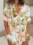 Plus Size Casual Blouse Women's Plus Floral Print Button Up Long Sleeve Round Neck Top
