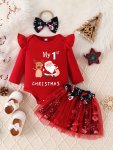 2PCS Baby's "my 1ST Christmas" Cartoon Santa Elk Print Bodysuit + Hairband + Mesh Splicing Skirt Toddler & Infant Girl's Clothin