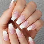 24PCS Sweet Pink Fake Nails Solid Color Gradient Press On Nails Glossy White Glue On Nails Full Cover Medium Ballet False Nails